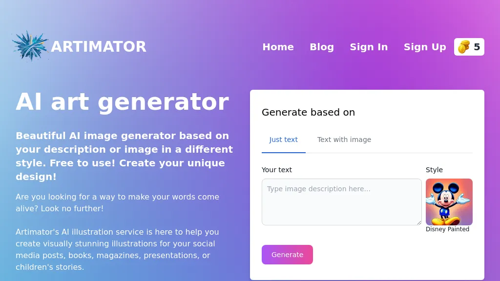 Artimator.io hero image
